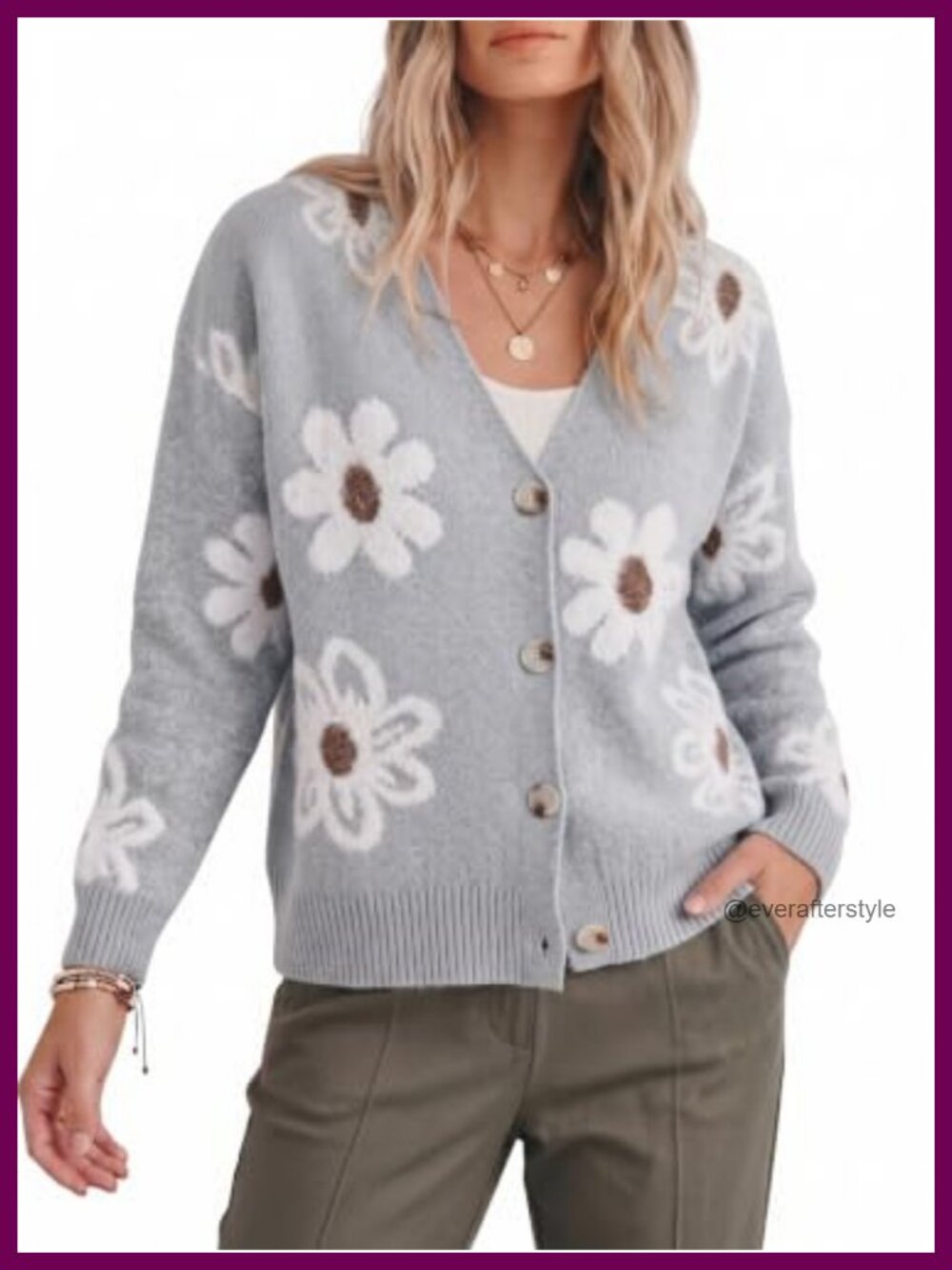 Floral Knit Open Front Cardigan Sweater for Women Long Sleeve V-Neck Button Up